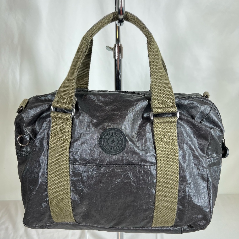 Kipling Metallic Charcoal Satchel with Olive Webbing